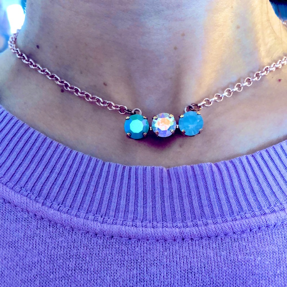 Iridescent Turquoise, Light Sapphire Opal +AB Crystal Bar Necklace - Picture 10 of 11
